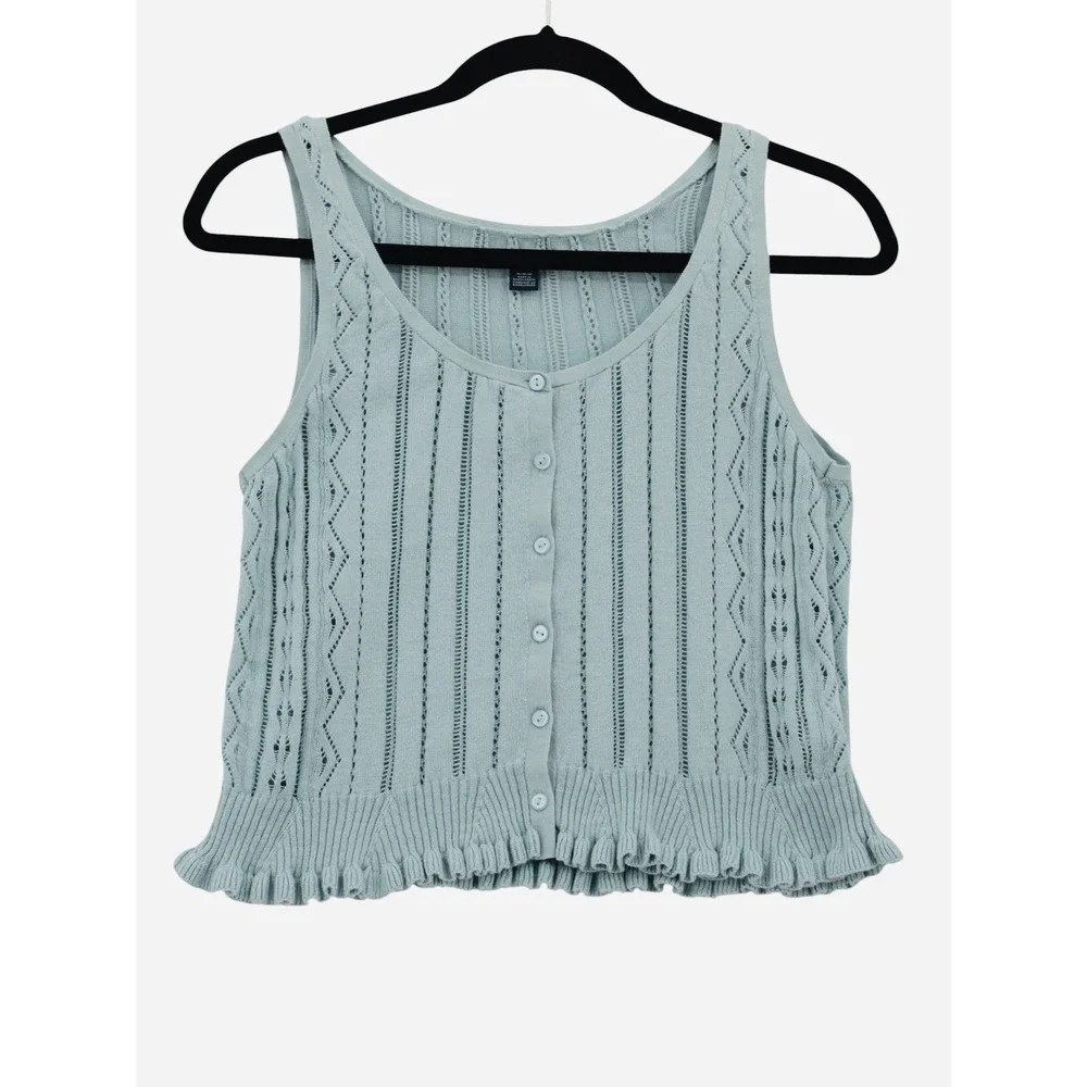 American Eagle Button Front Tank Top Size Medium Blue Knit Ruffle Hem - Picture 2 of 14
